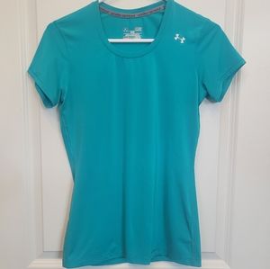 Women SMALL heatgear fitted teal short sleeved workout top shirt UNDER ARMOUR